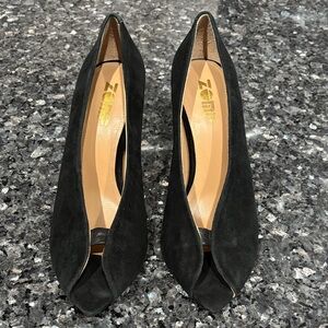 Black Suede Peep-Toe Heels